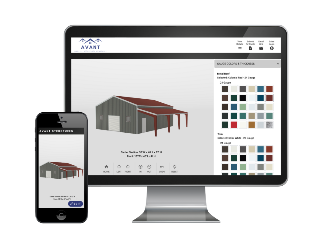 custom metal building configurator desktop and mobile view color picker